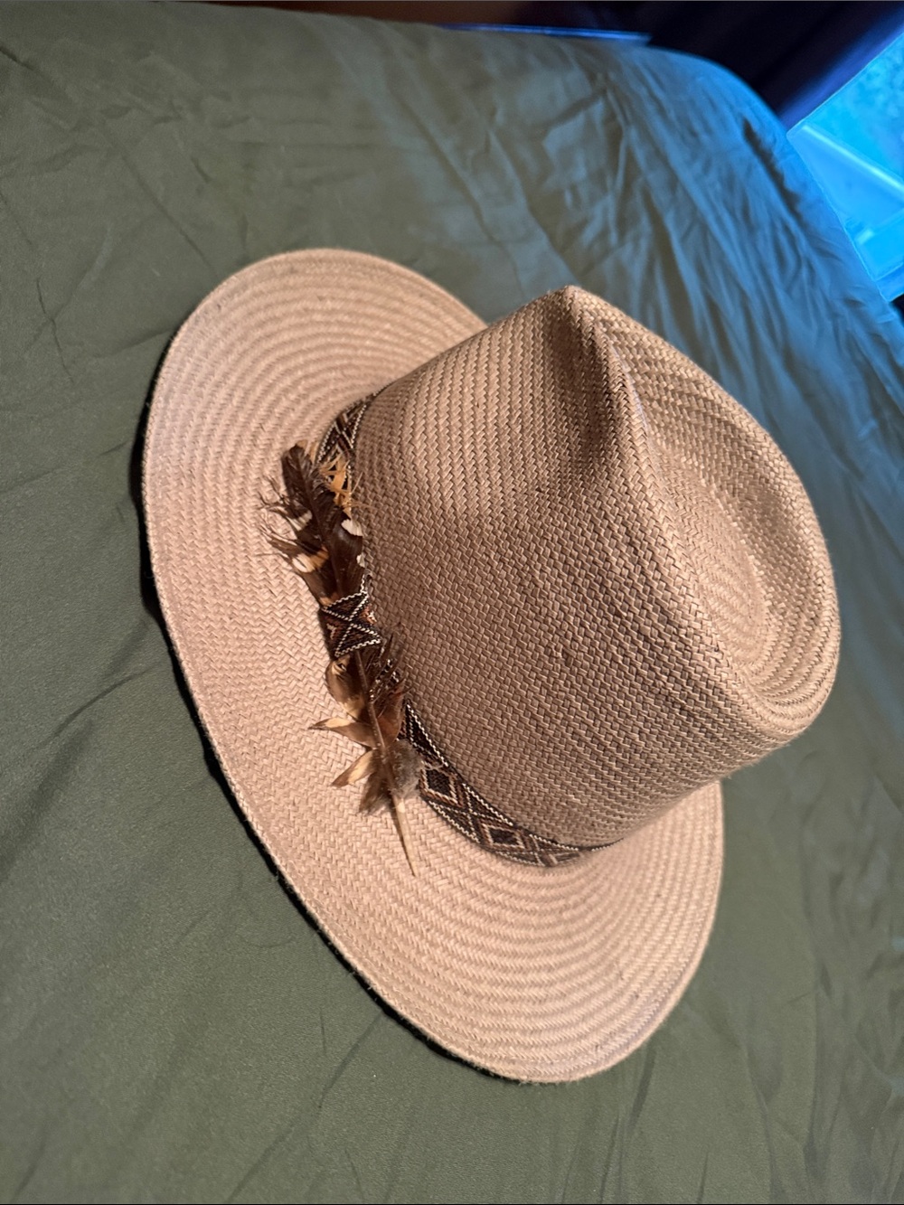 Carlos Santana Natural Straw Fedora with Geometric Band and Feathers